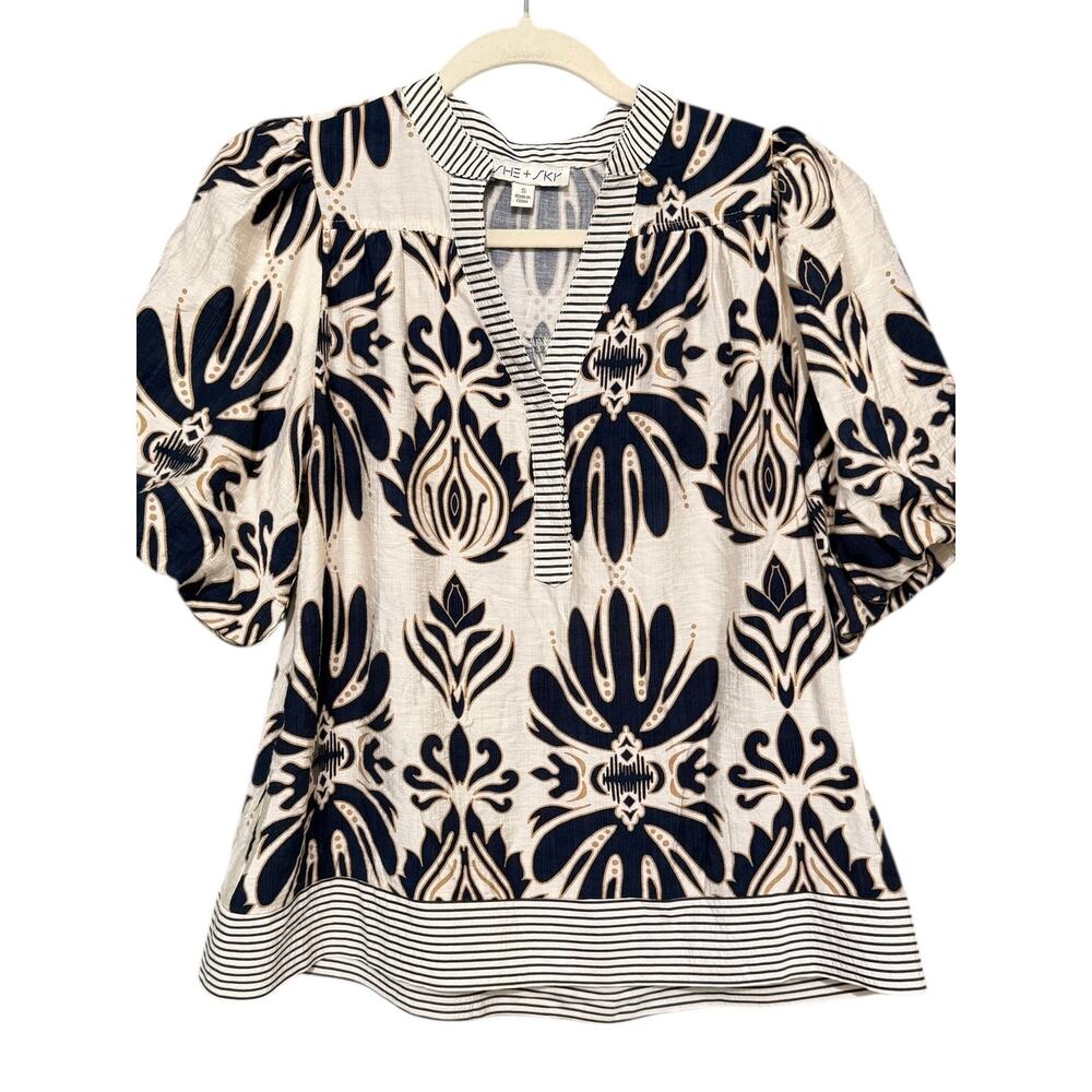 She & Sky Navy Cream Floral Print Blouse Striped Trim Boho Top Size Small